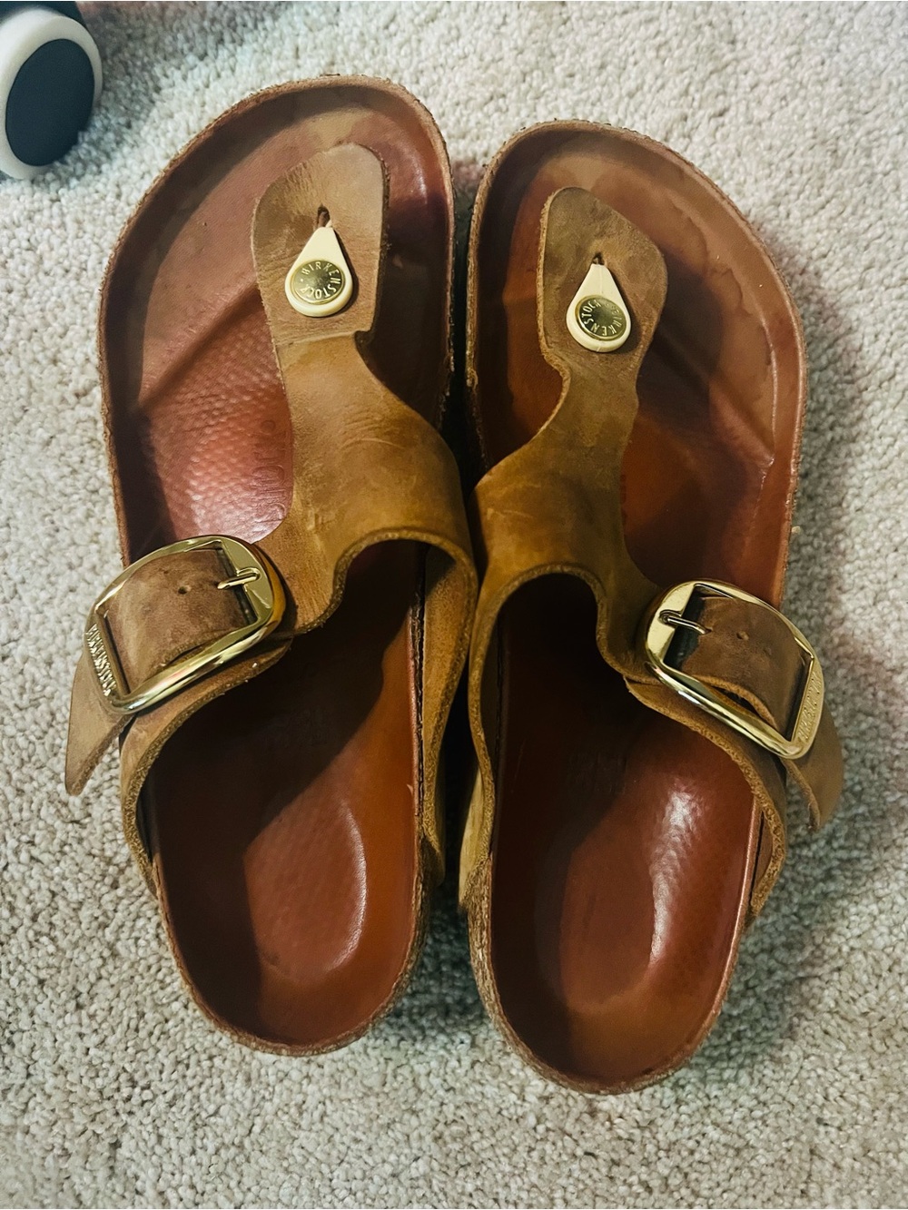 Brown Leather Women’s Toe-Post Sandals with Gold Buckles